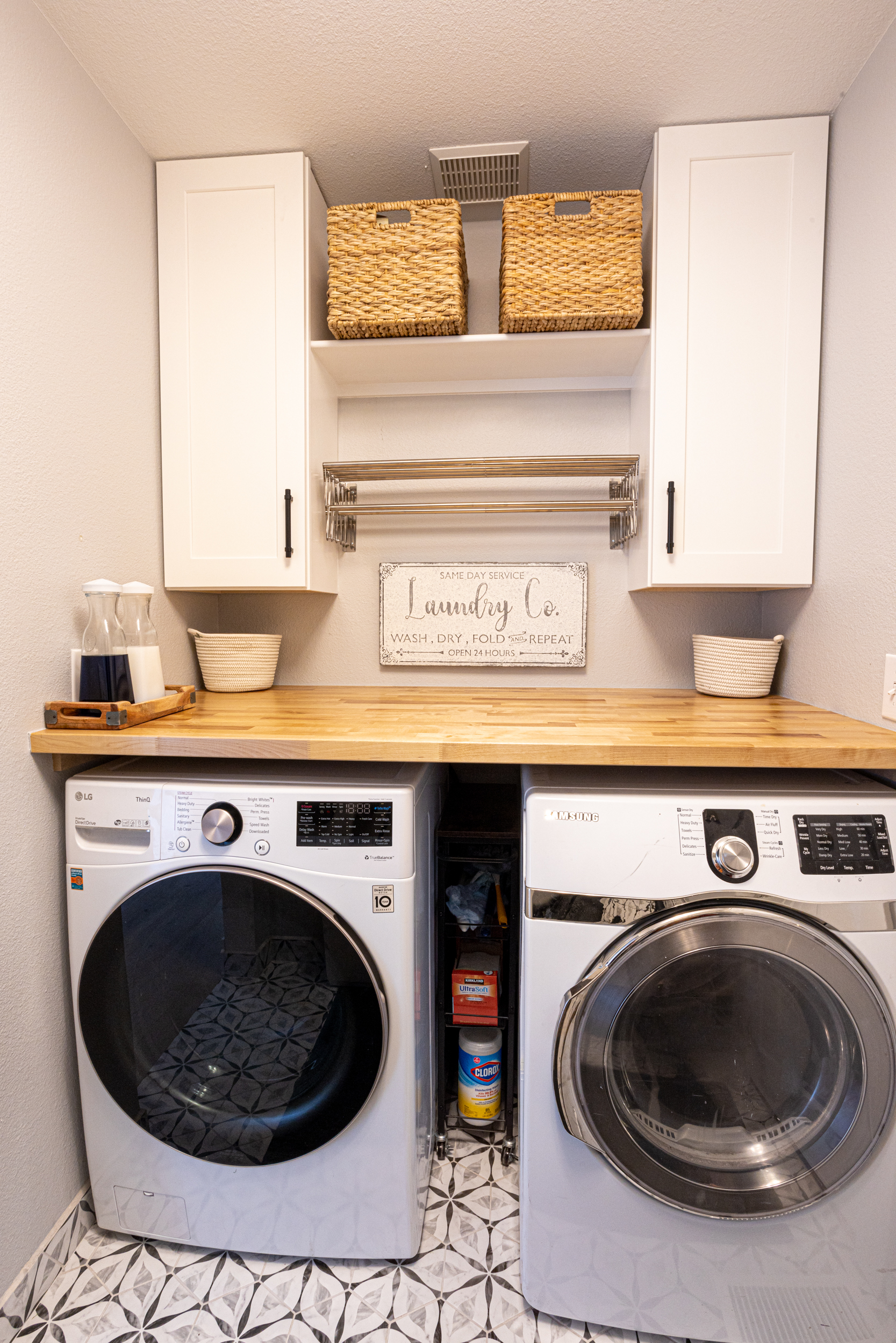Washer and dryer with wooden countertop